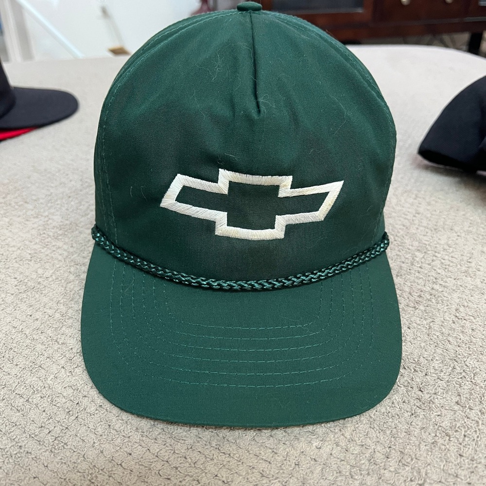 Vintage 1990s Chevrolet Bowtie Logo Green Rope Hat Snapback Otto Cap Mens